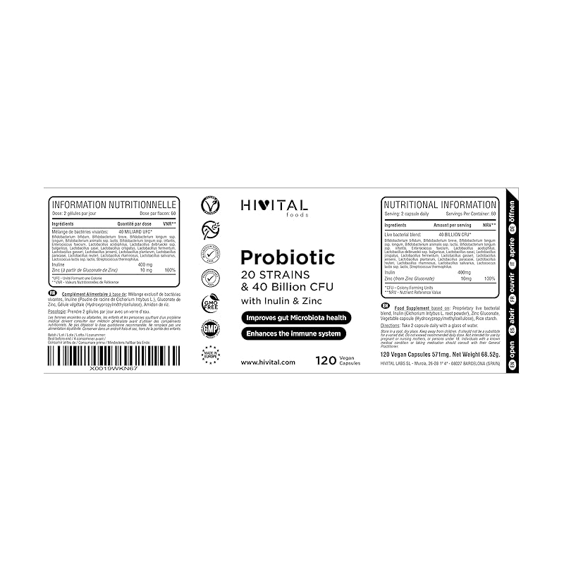Hivital Foods Probiotique 20 SOUCHES 40 MILLIARDS UFC. 120 gélules