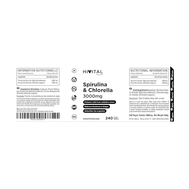 Hivital Foods Spiruline et Chlorella BIO 3000 mg. 240 comprimés