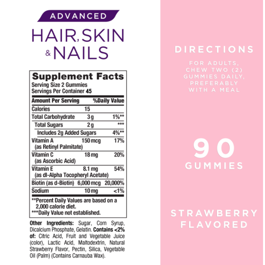 Nature's Bounty Advanced Hair, Skin and Nails Strawberry Gummies, 6000mcg Biotin, 80Ct.