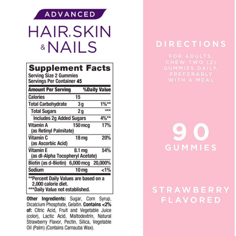 Nature's Bounty Advanced Hair, Skin and Nails Strawberry Gummies, 6000mcg Biotin, 80Ct.